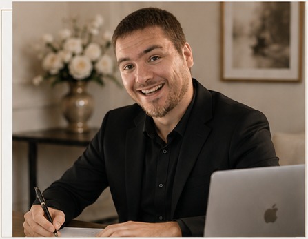 The Wedding Manager founder seated at a desk in professional attire
