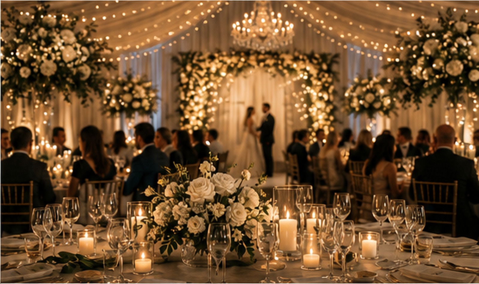 Elegant wedding reception in progress with guests, flowers and candlelight